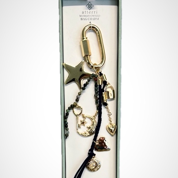NWT 🌙 ⭐️ ATTERRI Gold and Black Key Chain Bag Charm with Tassels and Charms - Picture 1 of 7